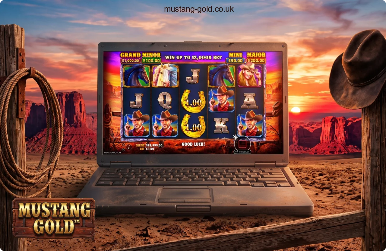 This Mustang Gold slot review focuses on its Western aesthetic, using classic Americana imagery that strongly attracts UK players who favour frontier-style themes